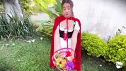 Little Red Riding Hood lost a fruit from her basket and is looking for it in the wolf's pants.